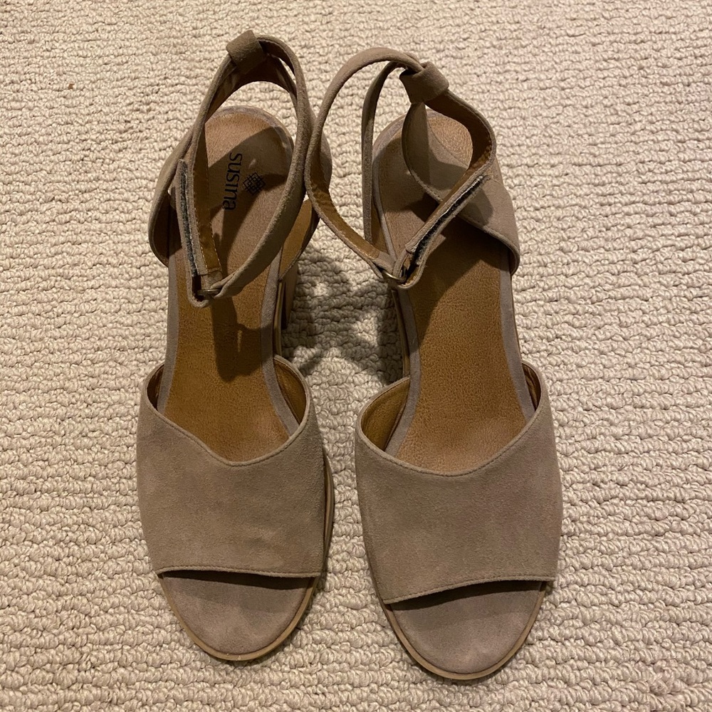 Susina Taupe Suede Block Heel Ankle-Strap Sandals - Picture 3 of 6